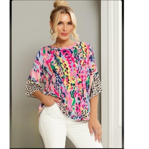 Beeson River Top Feeling Bold Fuchsia Floral & Animal Print Ruffle Short Sleeve - Picture 1 of 6
